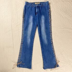 Vintage Lace Up Jeans Women's 28 Dark Wash Faded 90s Bootcut Low Rise Pants